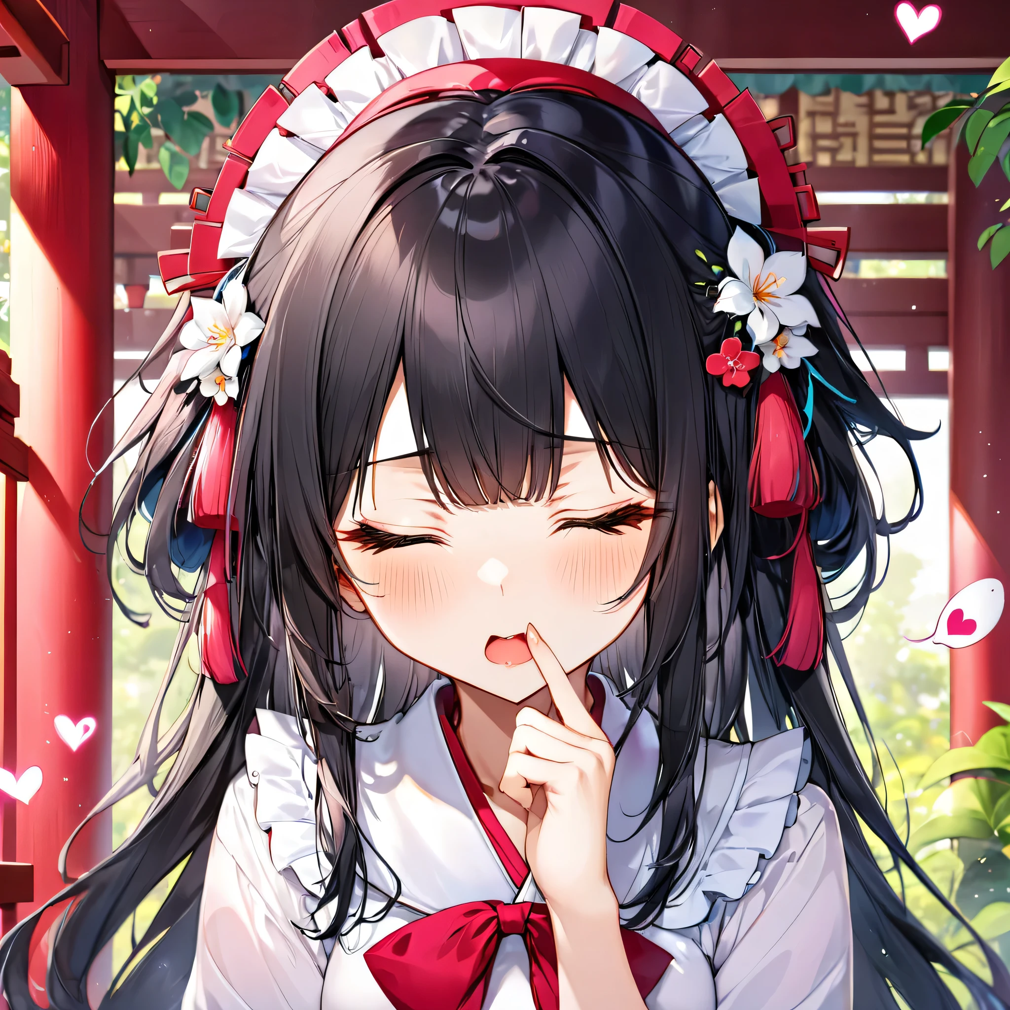 (Tsundere love:1.4 mode) ( yo, solo blunt bangs:1.3 black hair long hair cute shrine maiden girl, sexy closed eyes, angry:1.3 face, pink lip open mouth), break, (in a summer shrine maiden clothes), (index finger raised), BREAK, ((heart effect)), perfect anatomy, masterpiece, best quality, 16k, beautiful detailed grow, daydreaming expression.