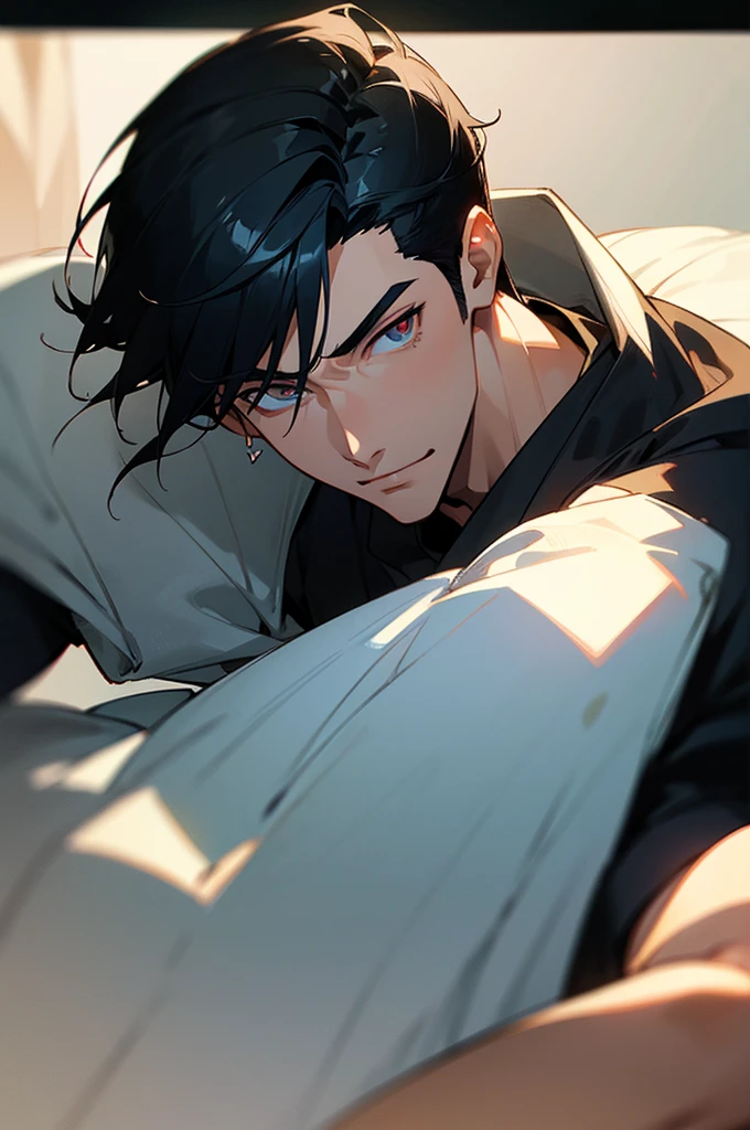 (masterpiece), best quality, expressive eyes, perfect face, anime, guy, black hair and eyes, good looking, muscular, gentle smile, adult, handsome guy, heart throb, cool short hair cut, dramatic lighting, cool clothing, anime, bara, sexy