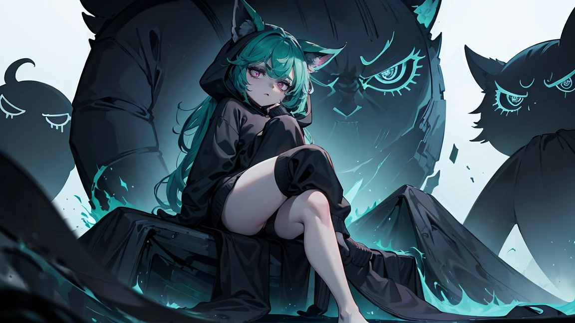 girl, large black sweatshirt, sitting posture, calm look, Sitting in front, legs open, a dark room, evil eyes, sexy pose, glowing skin, Looking ahead, facial expression