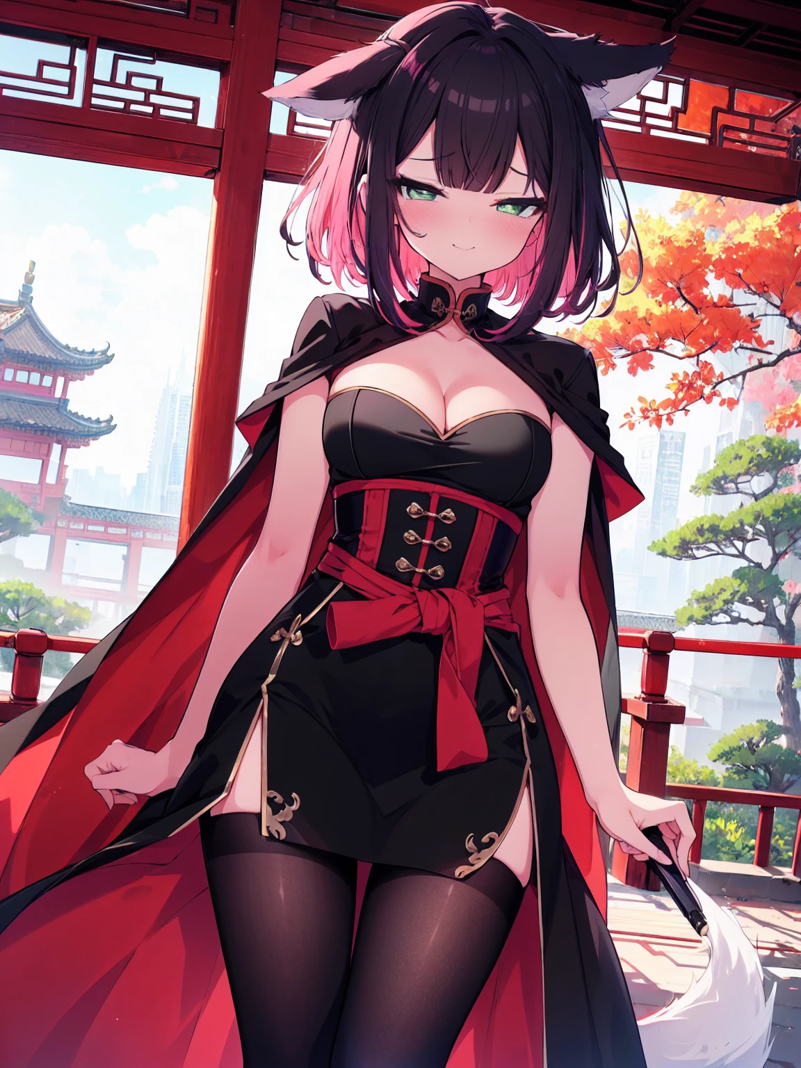 (cowboy shot), (colorful:1.1), (ultra-high resolution, depth of field:1.2), (Tingyun:1.1), solo, (black hair), inner pink hair, bangs, green eyes, (red underline),  fox ears, white fox tail, multiple fox tails, (medium breasts), (long dress), (long black dress with a waist cincher), crossed collar shirt, cleavage, pantyhose, cape, smile, squinting, Chinese garden scenery