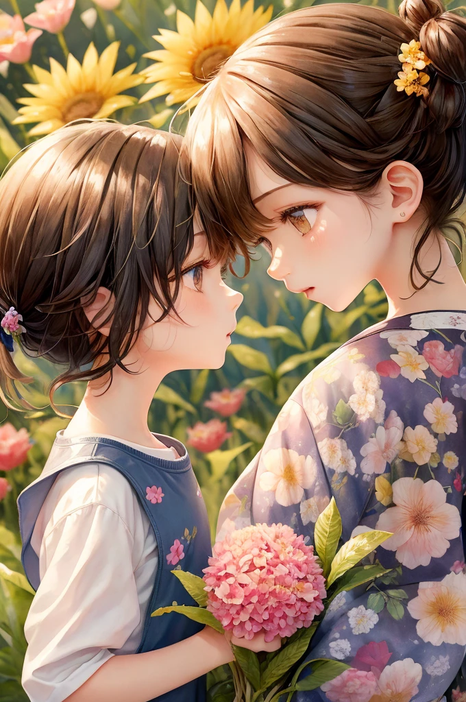 (Highest quality)(Masterpiece)A little boy and girl are facing each other and kissing、Many colorful flowers are blooming