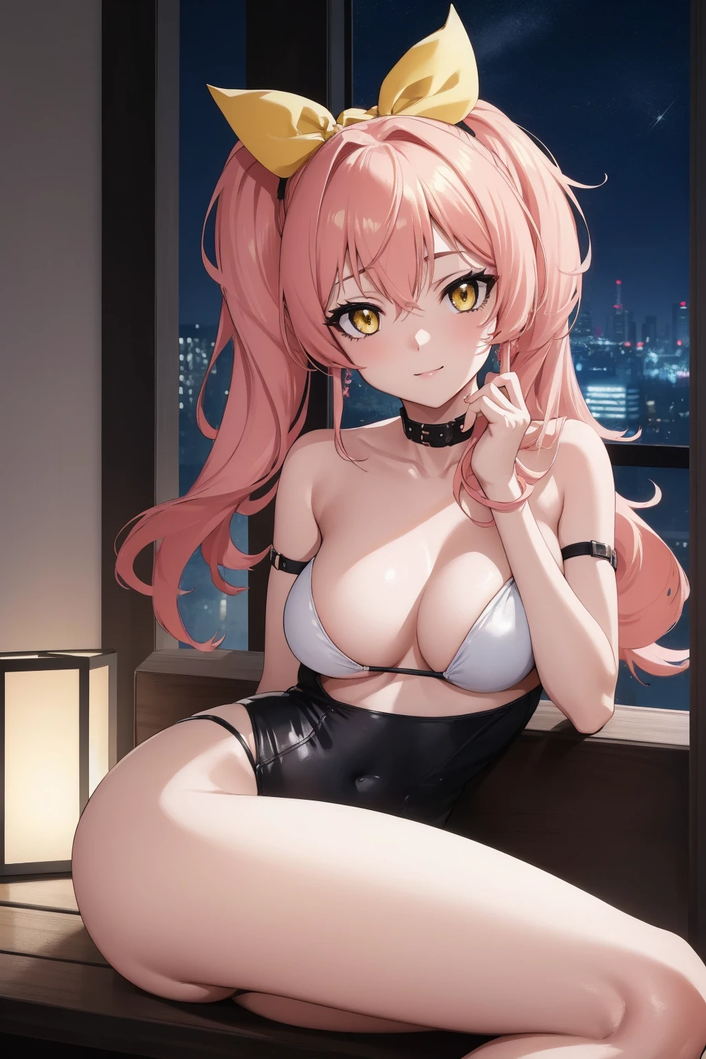 (Night:1.7), Cyberpunk_CityView, Before Window,in front of a wall with a clock,
sitting at attention,sitting on couch,
swimsuit,
mika jougasaki, hair bow, long hair, pink hair, (yellow eyes:1.5), twintails, hair ribbon, hair bow,
1 girl, 20yo,young female,Beautiful Finger,Beautiful long legs,Beautiful body,Beautiful Nose,Beautiful character design, perfect eyes, perfect face,
looking at viewer, (innocent_big_eyes:1.0),(expressionless:1.3), seductive pose.teasing smile,
NSFW,official art,extremely detailed CG unity 8k wallpaper, perfect lighting,Colorful, Bright_Front_face_Lighting,
(masterpiece:1.0),(best_quality:1.0), ultra high res,4K,ultra-detailed,
photography, 8K, HDR, highres, absurdres:1.2, Kodak portra 400, film grain, blurry background, bokeh:1.2, lens flare, (vibrant_color:1.2)
(Beautiful,medium_Breasts:1.4), (beautiful_face:1.5),(narrow_waist),(perfect hands, perfect anatomy),