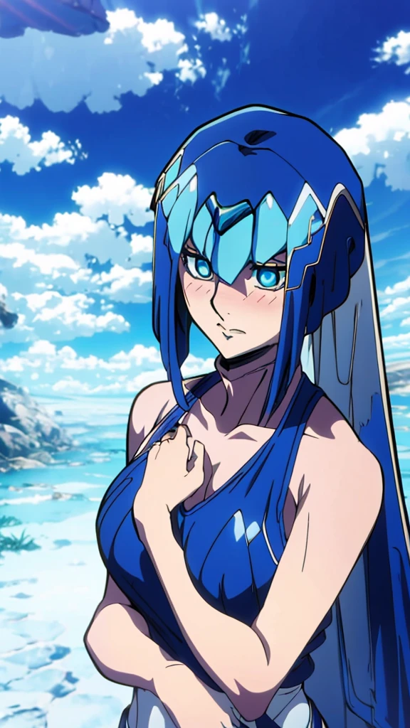 Leviathan_Megamanz, 1 Girl ,Looking at the viewer , blue hair, Blue eyes,Clouds background , Blushed , , Wedding ring, Glasses, Shingeki no Kyojin Clothes