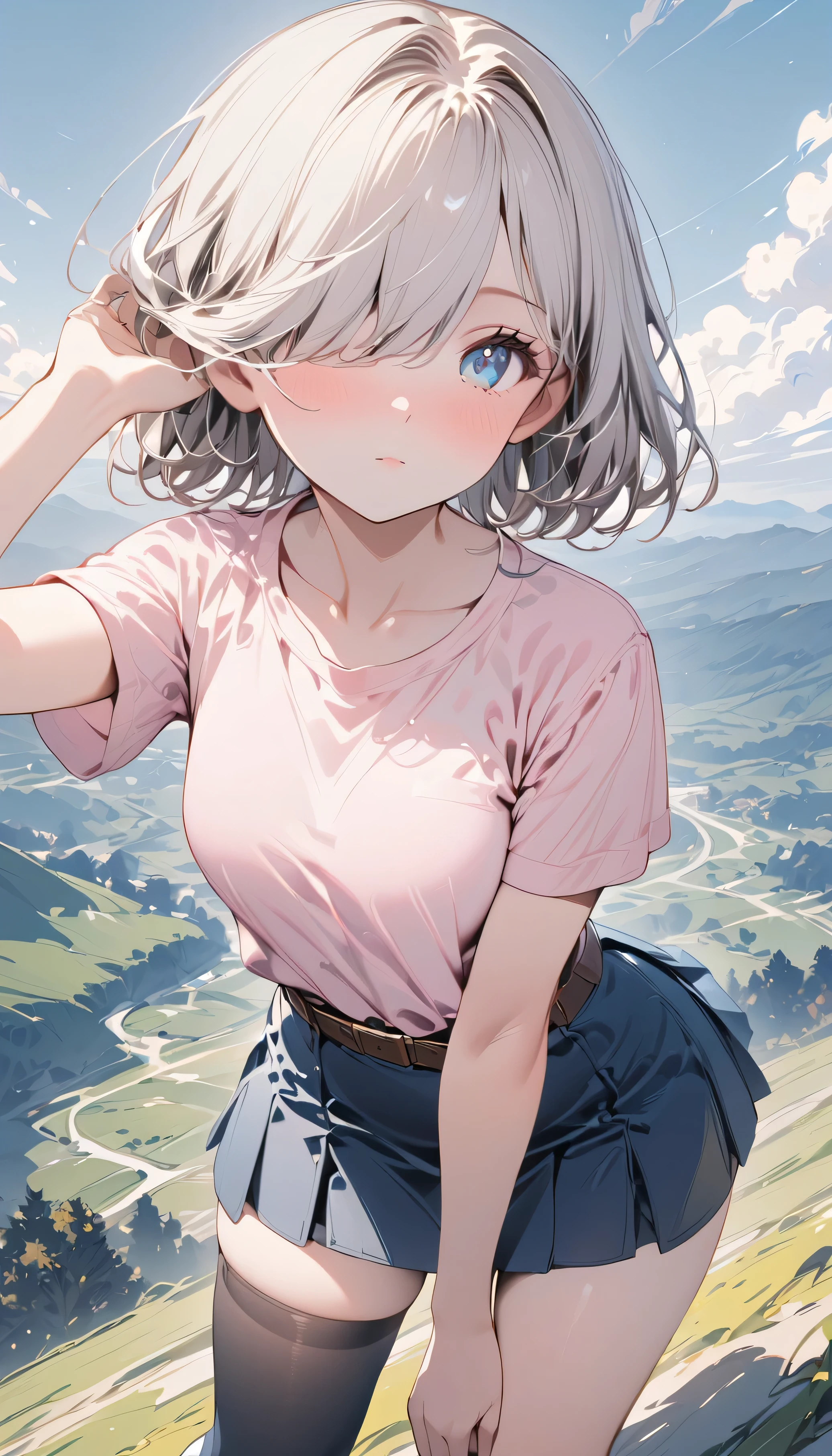 masterpiece, best quality, high resolution, Elizabeth, 1 Girl, Jewelry, Knee high socks, Silver Hair, Hair covering one eye, diaphragm, Black skirt, Asymmetrical Leg Clothing, Pink shirt, Black over-the-knee stockings, belt, mini skirt, landscape, permanent, permanent, portrait, Upper Body，Body facing to the left