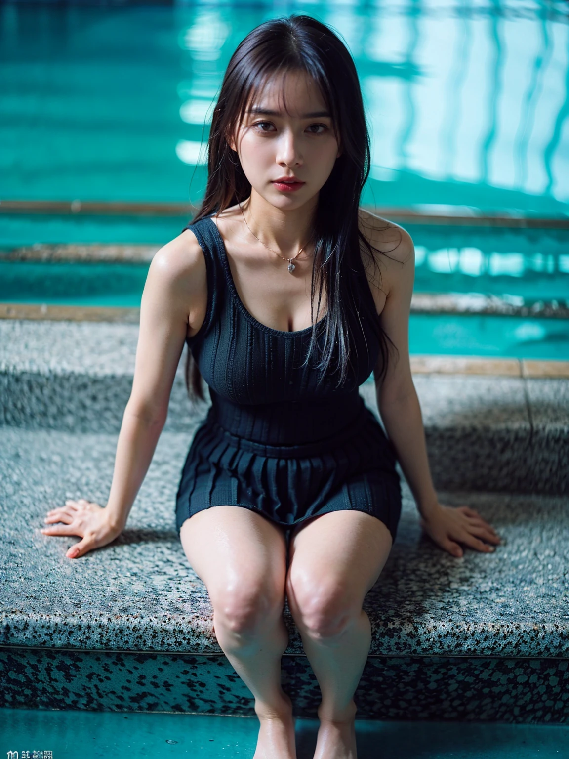 RAW photo, bokeh (realism: 1.4, realistic), high detail CG unified 8K wallpaper, 1girl, (HQ skin: 1.4), 8k uhd, dslr, Front light, high quality, shot by iphone 15 pro max, 21 years old female with long hair,((slim body, skinny, natural big breast, medium shoulder, beautiful legs)),(((height:170cm))), ((wearing knit tank top, black short skirt,cleavage)), (looking at viewer), (((there is a woman sitting on the ground next to a pool))), (((aerial shot))), (((Full Body:1.5)))