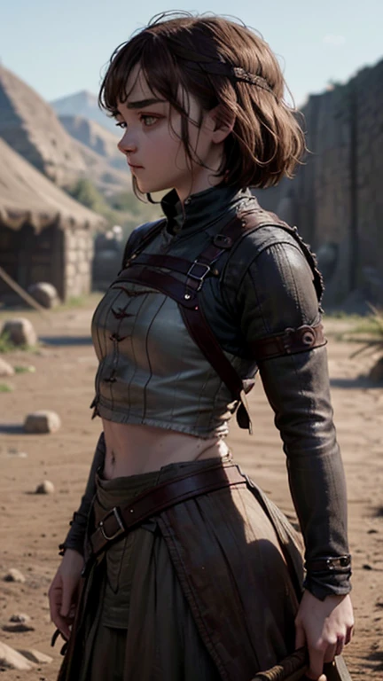 8k, Maisie Williams face, pale skin, toned abs, small breast, round ass, her round ass visible, brown hair, Maisie Williams as Arya Stark, torn ragged peasant clothes, standing stance, winterfell in background