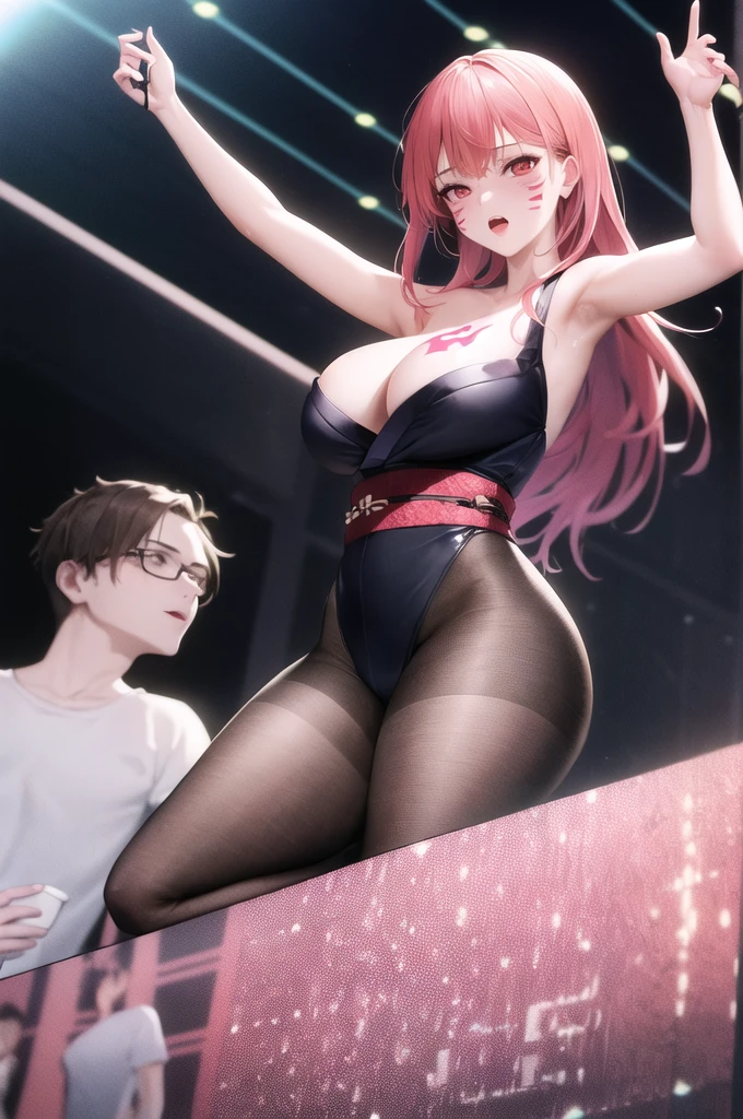 8K,highres,absurdres,masterpiece,best quality,original,extremely detailed CG,extremely detailed wallpaper,perfect lighting,1girl,blurry_background,looking_at_viewer,standing on the stage,
SukunaFem,long hair,pink hair,red eyes,tattoo,large breasts,facial marks,white short kimono,