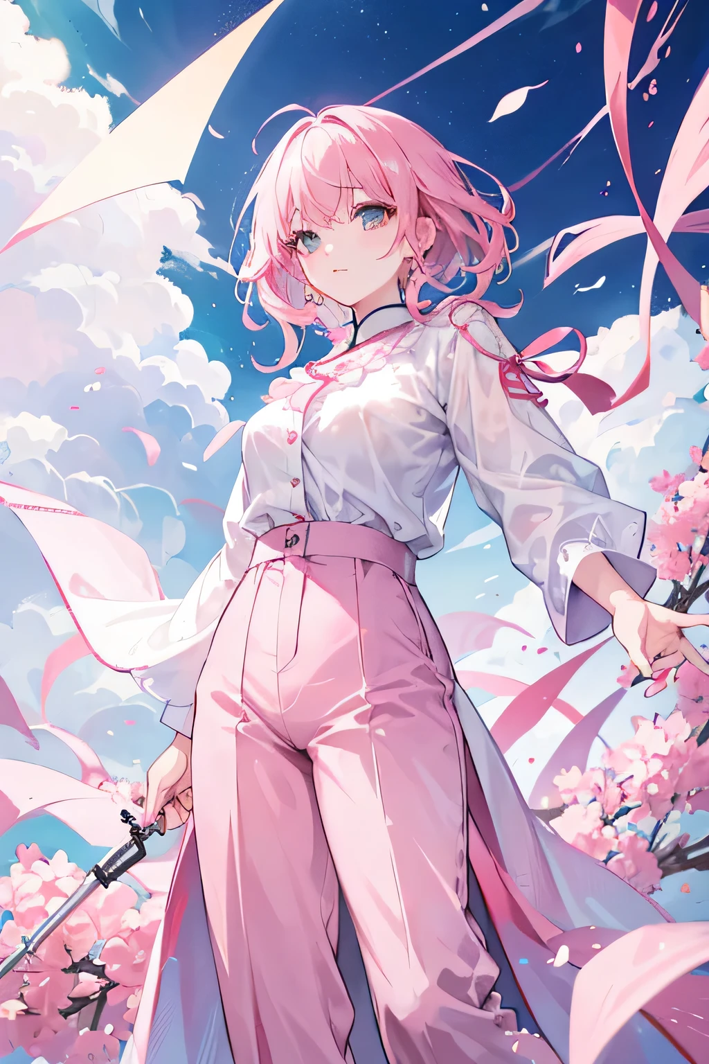Singer-songwriter。Woman with short pink hair。The hair is wavy。The outfit is a white and pink blouse with a long hem.。The pants are dark navy blue。
