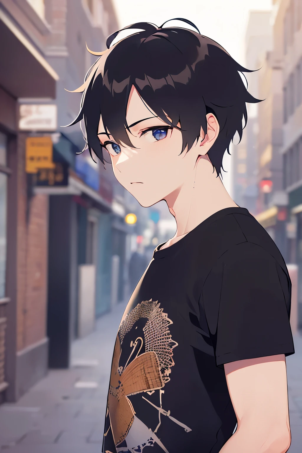 look at viewer, side angle, upper body、shiny skin, masterpiece、Highest quality、(25-year-old male:1.5) and (Black short hair) and (blue eyes), (Black T-shirt)、Walking、sad、Background is a park at night、(Alone:1.5)