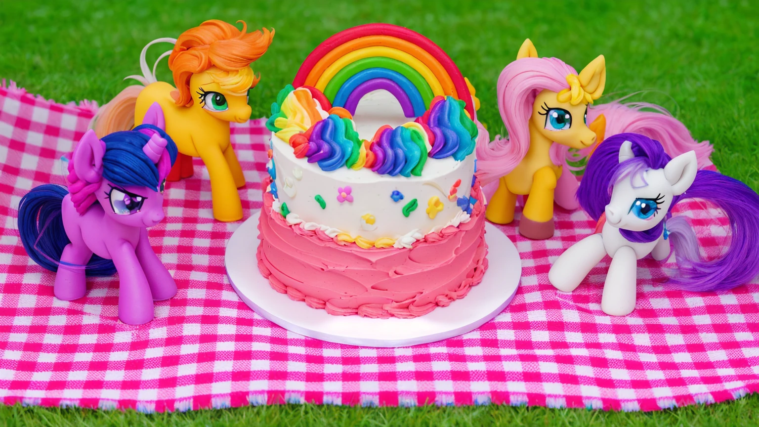 on the grass, on a pink checkered tablecloth. there is a white plate with cake, white and pink cream cake, Rainbow confectionery powder on the cake, top rainbow gradient cream, polymer clay rainbow, рядом стоят пластиковые pony toys из мультфильма My Little Pony, pony toys, beautiful light, sunlight, sunny day, beautiful lighting, bright announcement, several light sources, Realistic style, realistic textures, high quality, high detail, detailed texture, ultra 4k hd
