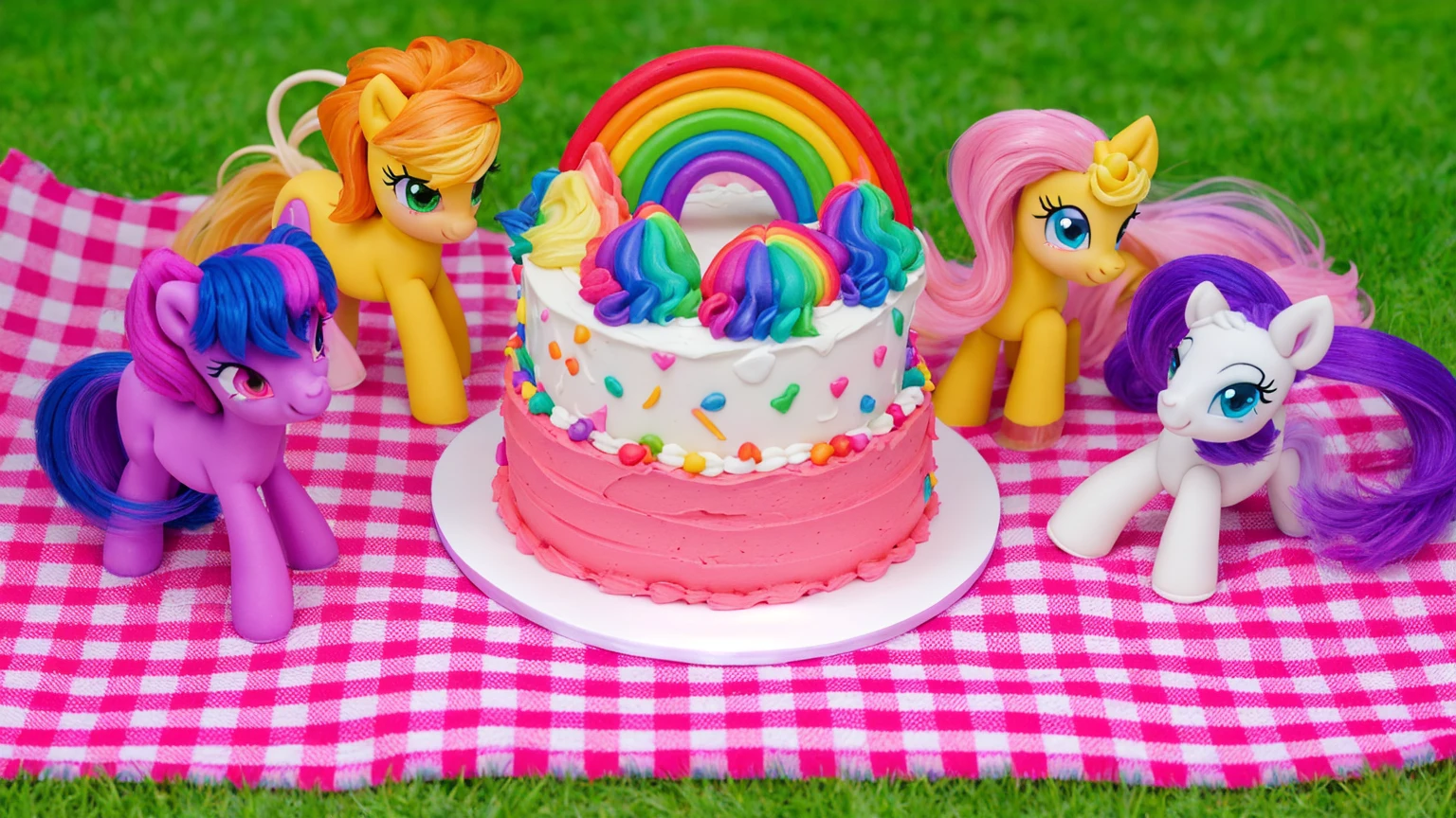 on the grass, on a pink checkered tablecloth. there is a white plate with cake, white and pink cream cake, Rainbow confectionery powder on the cake, top rainbow gradient cream, polymer clay rainbow, рядом стоят пластиковые pony toys из мультфильма My Little Pony, pony toys, beautiful light, sunlight, sunny day, beautiful lighting, bright announcement, several light sources, Realistic style, realistic textures, high quality, high detail, detailed texture, ultra 4k hd