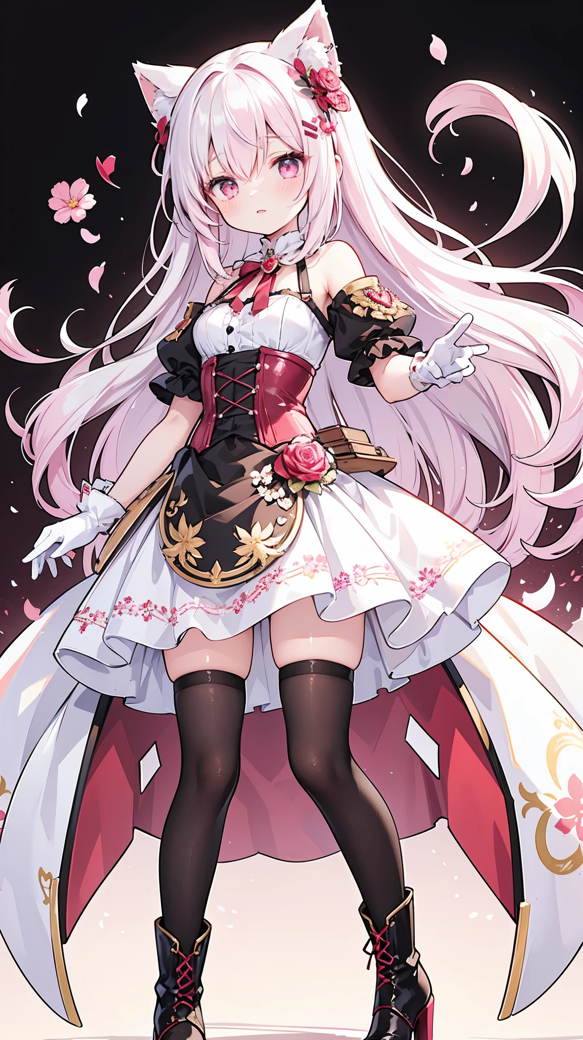 The character in the image has long, wavy white hair with pink tips, an eyepiece over the right eye, reddish eyes, and a fantasy-steampunk outfit with maroon, gold, white, and black colors. The outfit includes puffed shoulders, a corset-style middle, a short skirt, black tights, high-heeled boots with floral decorations, and petal-like adornments at the waist. They wear white gloves and have a floral theme in their attire.