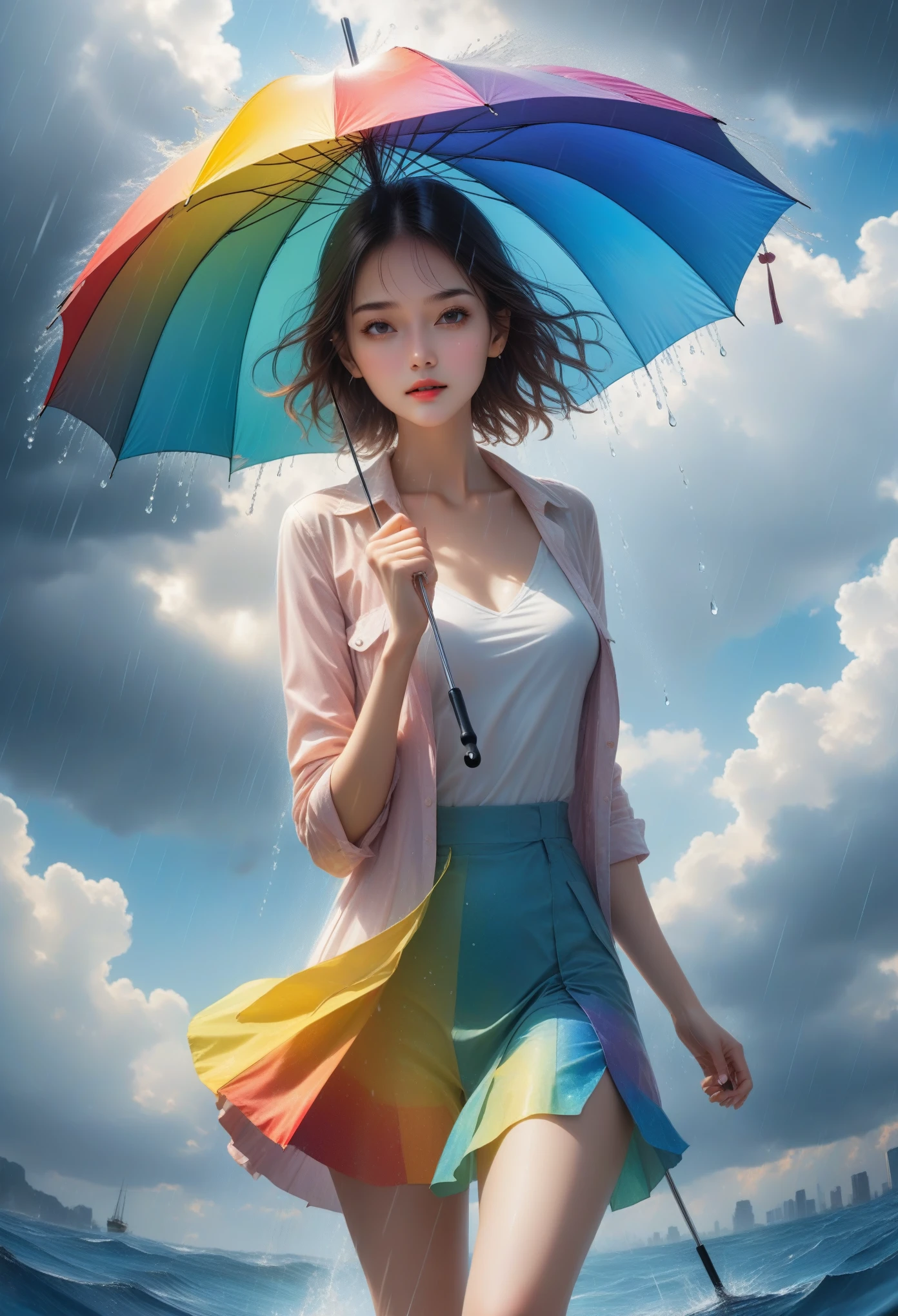 Fraction_9, Fraction_8_up, Fraction_7_up, Fraction_6_Direction_5_Direction_4_up, 2.5D, Extremely detailed, Beautifully, Gorgeous and dynamic depiction, Beautiful woman holding umbrella,Have a great time, Just like the scene in, Rainbow-like rain pours down, Water splash, The sun shines through the gaps in the clouds, Glittering effect