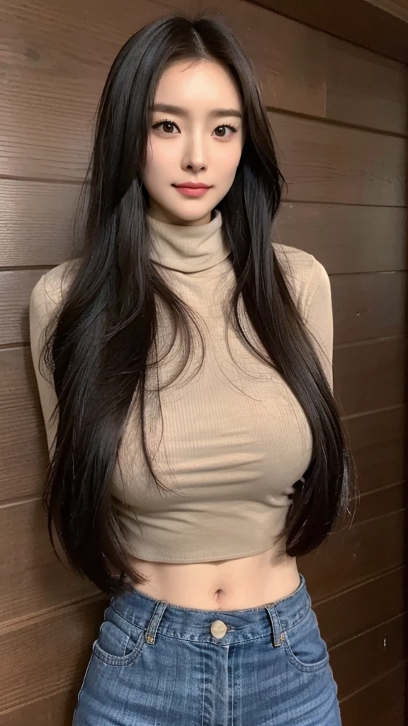 ((best quality, 8K, masterpiece, Clear focus )), 18 years old young Korean girl, ((Dark brown long hair, Huge breasts :1.2)), Slim abdominal muscles :1.2,(Turtleneck crop top，Cut-out chest top :1.3 ), (Wooden wall background :1.2), Highly detailed face and skin textures, Delicate eyes, Double eyelids, Cleavage：0.4，Toothy smile，sweet，cute