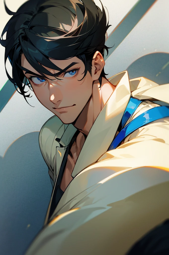(masterpiece), best quality, expressive eyes, perfect face, anime, guy, black hair and eyes, good looking, muscular, gentle smile, adult, handsome guy, heart throb, cool short hair cut, dramatic lighting, cool clothing, anime, bara, sexy