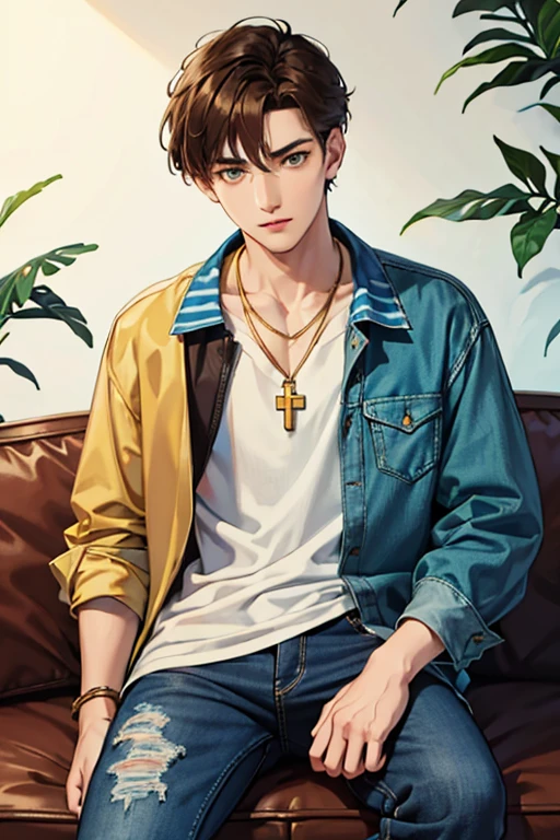 Anime guy, 21 years old, neutral expression, with brown hair parted two ways in the middle, buzzed undercut, green eyes, striped dark blue plad flannel jacket with a white shirt underneath, blue jeans, gold cross necklace, sitting on couch