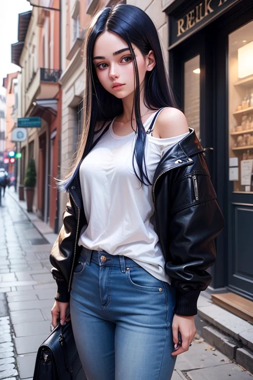 21 years old European girl. She is trendy. With long dark blue hair.