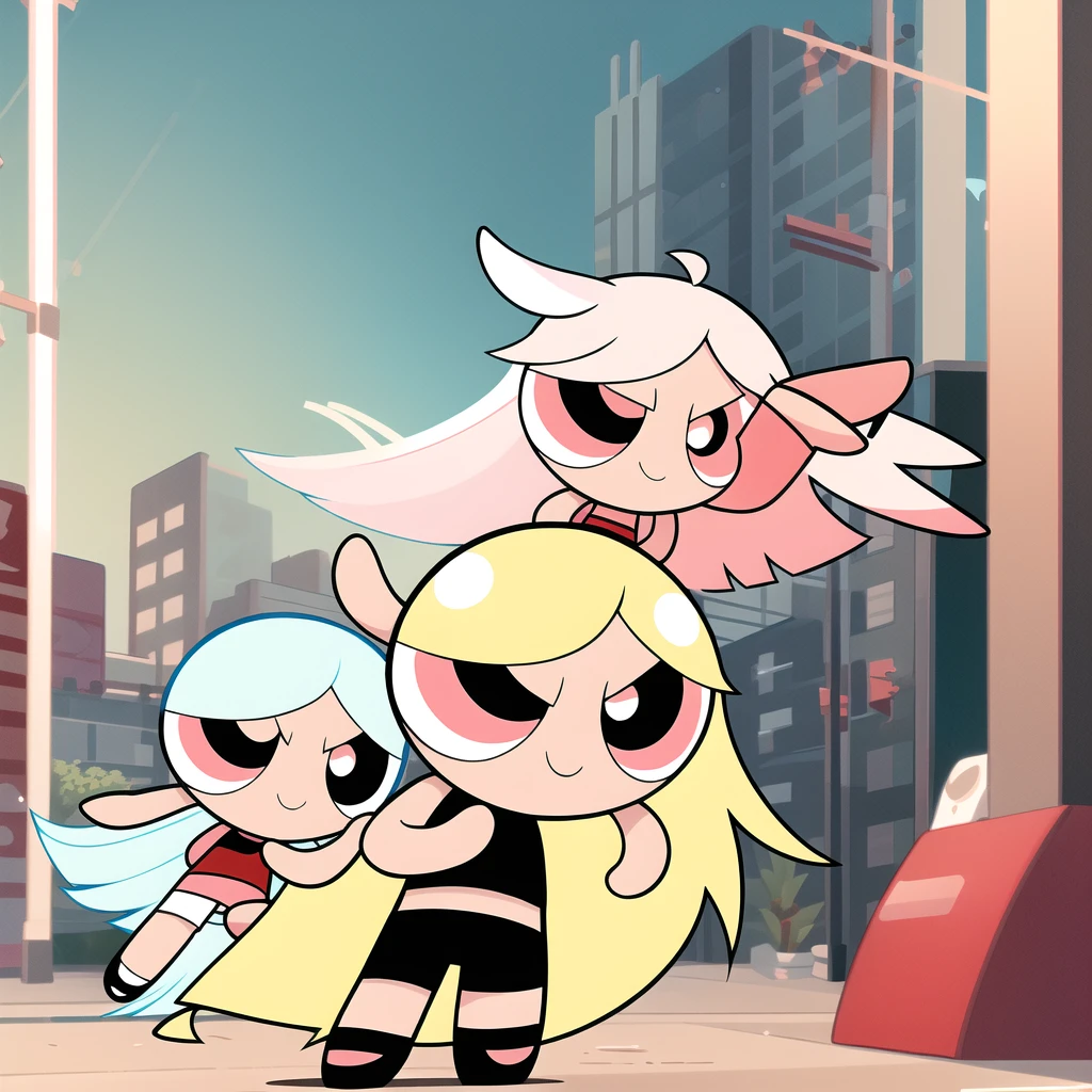 ((( white long hair,))) smile,chibi, full body,1girl, pinkish red eyes, Black short-sleeved shirt showing off your stomach, black shorts