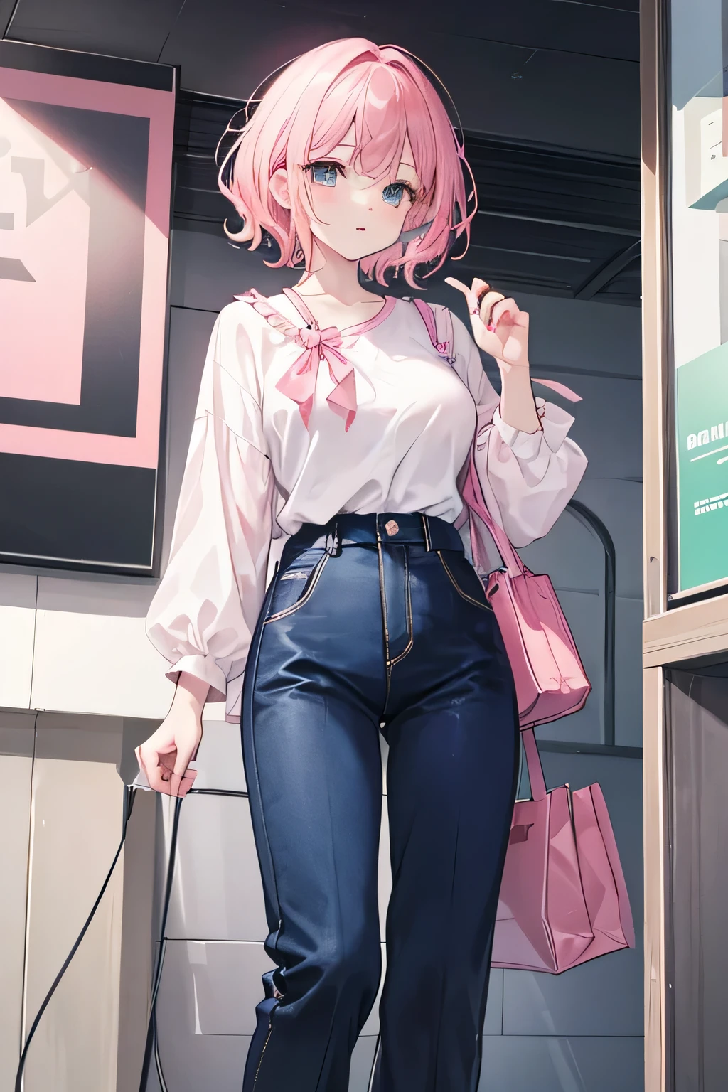 Singer-songwriter。Woman with short pink hair。The hair is wavy。The outfit is a white and pink blouse with a long hem.。The pants are dark navy blue。