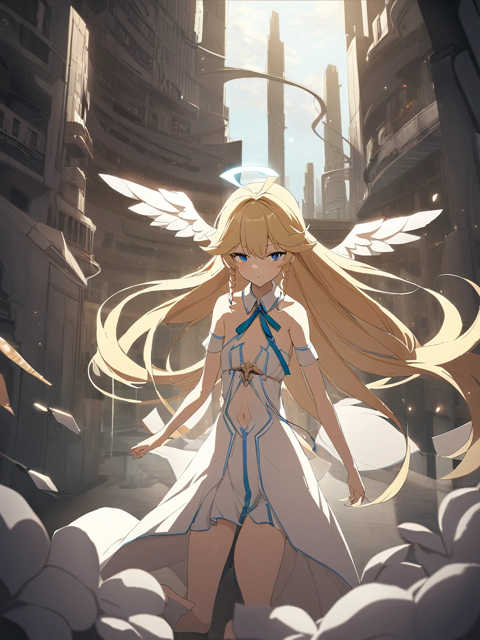 Zaora, blue eyes, (Variegated eyes:0.5), Blonde, Very long hair, Twin Blade, bangs, Ahoge, Hello, Angel, Flat Chest, White Dress, Belly button cutout, Detachable collar, Strapless, Neck ribbon, Bare shoulders, Angel wings, barefoot, One girl, Solo Break Space, Future City, Depth of written boundary, Cinematic, masterpiece, Highest quality, Game CG