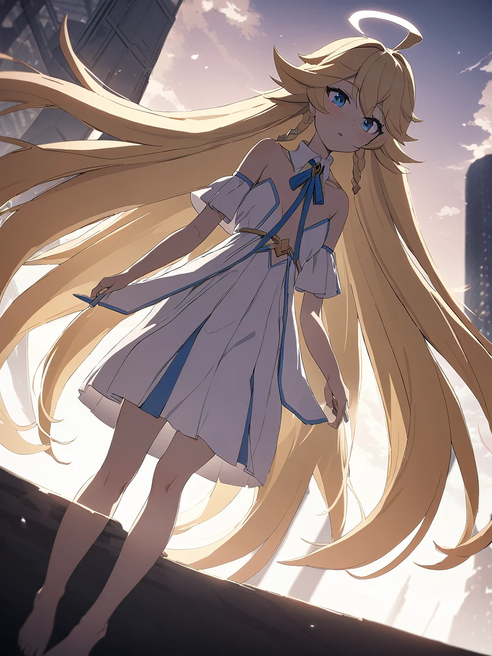 Zaora, blue eyes, (Variegated eyes:0.5), Blonde, Very long hair, Twin Blade, bangs, Ahoge, Hello, Angel, Flat Chest, White Dress, Belly button cutout, Detachable collar, Strapless, Neck ribbon, Bare shoulders, Angel wings, barefoot, One girl, Solo Break Space, Future City, Depth of written boundary, Cinematic, masterpiece, Highest quality, Game CG