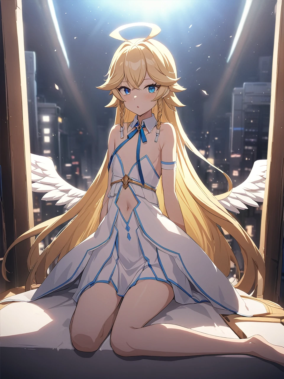 Zaora, blue eyes, (Variegated eyes:0.5), Blonde, Very long hair, Twin Blade, bangs, Ahoge, Hello, Angel, Flat Chest, White Dress, Belly button cutout, Detachable collar, Strapless, Neck ribbon, Bare shoulders, Angel wings, barefoot, One girl, Solo Break Space, Future City, Depth of written boundary, Cinematic, masterpiece, Highest quality, Game CG