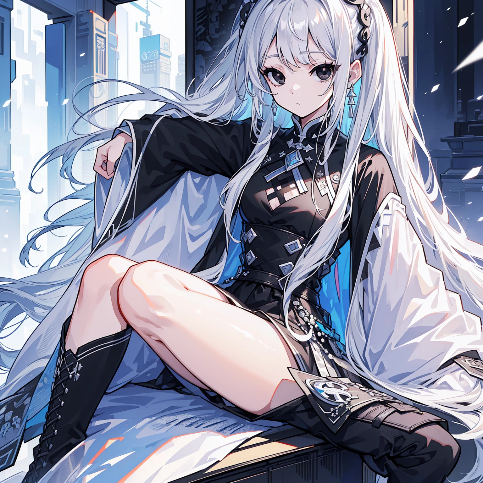 (Top image quality)、(Ultra Detailed)、(Facing forward)、top quality、masterpiece、(((1 girl)))、Silver Hair、white hair、((Long hair))、(black eyes:1.6)