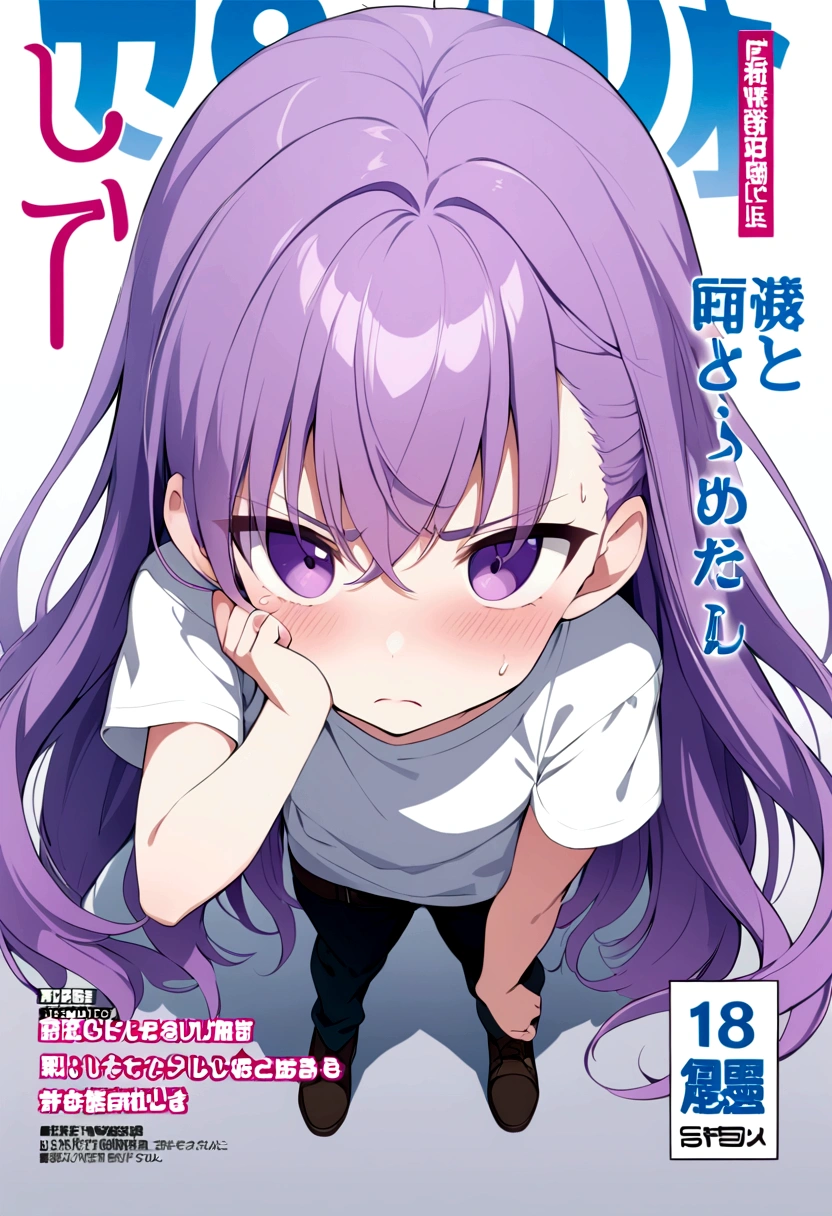 Boy with very long, intense violet hair, flushed with anger, shy, nervous, kissing the camera, white t-shirt, slightly seen from above, full body, professional manga cover, manga cover