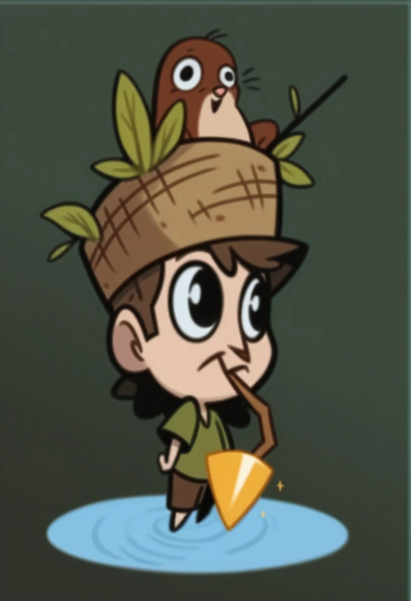 Cartoon of boy with straw hat on his head, With a wooden stick in his hand, Red Cliff, style of Maple Valley, Bob, Maple Valley, Nature Druid, Adventure Island, Maple Valley indiana jones, Adventure Island mouse, Dwarf druids, character art of Maple Valley, Platformer, very cute, very stylized, boy scout, Characters based on Haggis