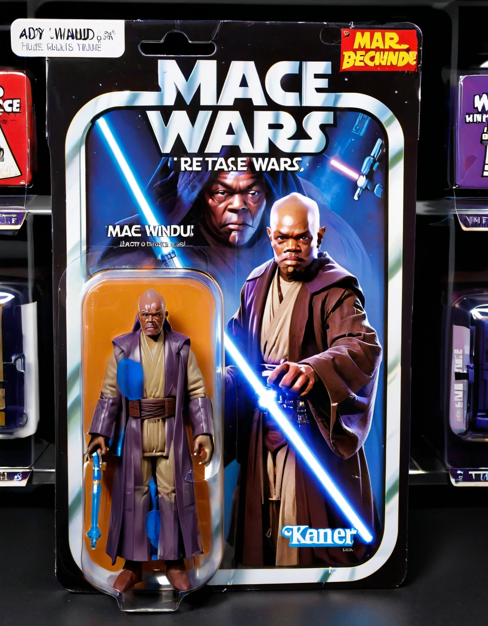 A lifelike figurine resembling the well-known Jedi master of star wars, Mace Windu, stands prominently displayed. The figurine captures his iconic exaggerated features with striking realism, including his metalic full body machine and lightsaber Alongside it, the packaging showcases a cartoon illustration of jedi master, adding a playful contrast to the realism of the figure. The monotone yet menacing packaging is a juxtaposition to the character. The name ('Mace Windu':1.5) is printed in bold, eye-catching letters on the packaging, highlighting his renowned identity,