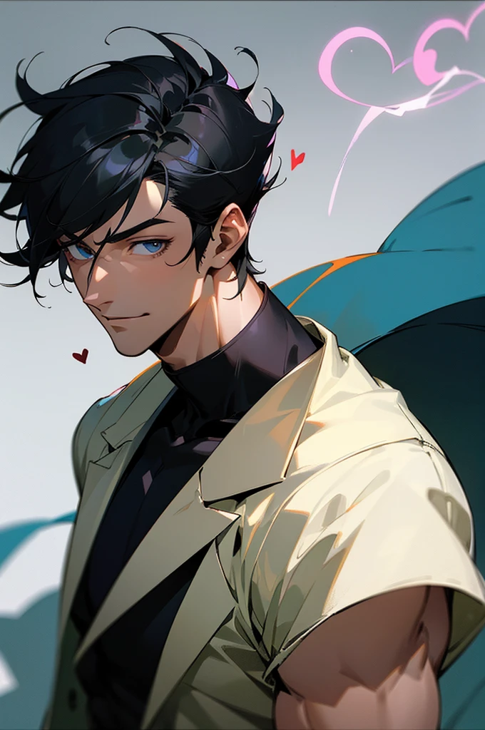 (masterpiece), best quality, expressive eyes, perfect face, anime, guy, black hair and eyes, good looking, muscular, gentle smile, adult, handsome guy, heart throb, cool short hair cut, dramatic lighting, cool clothing, anime, bara, sexy