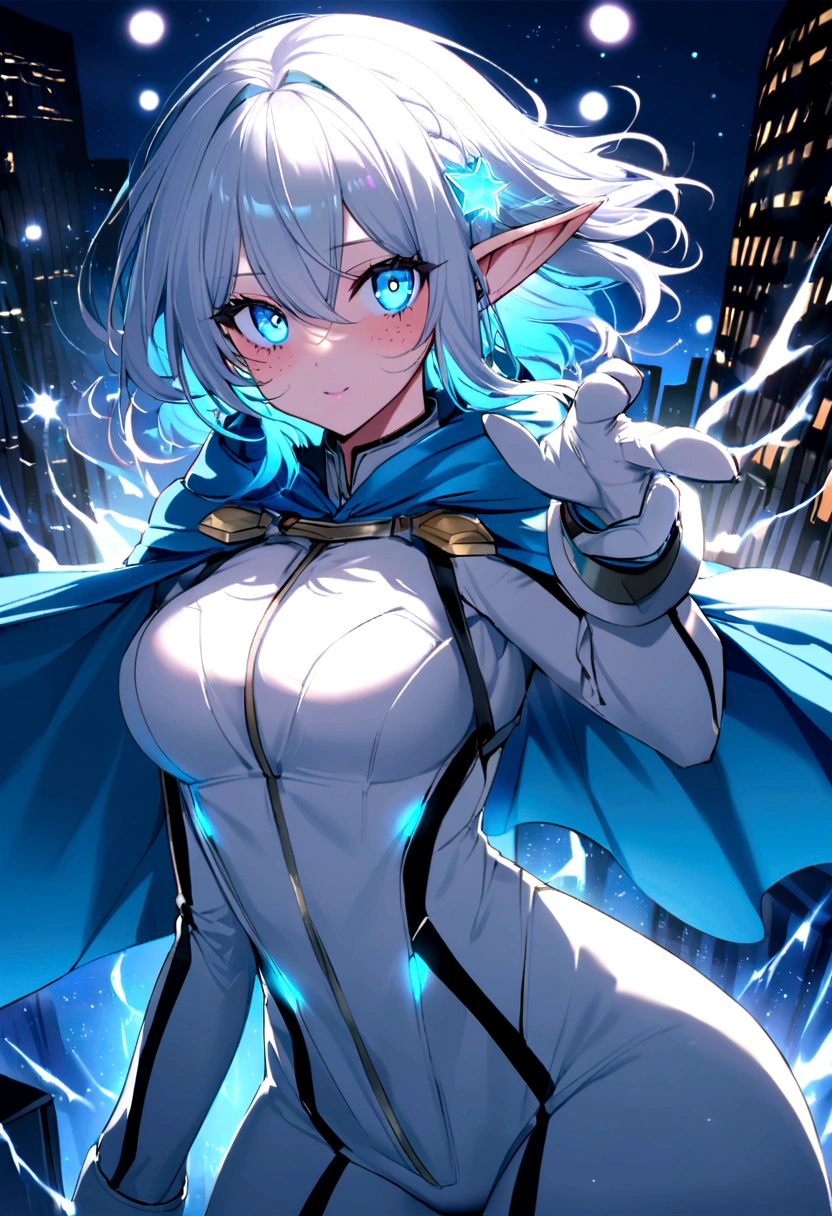 19-year-old girl as attractive,with long white hair that has a blue and pink litmus gradient at the tips, stars and sparkles in the hair, abina, freckles, dimples, His eyes glowing neon blue, and small elf ears+white hero suit with blue details cape and hood on+ in the city at night black smoke coming out of it spreading everywhere+ crazy evil psychotic laughter