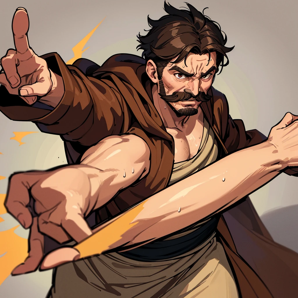 ((((Solo))))、Highest quality, Best Quality,Best illustrationiddle ages、(((Simple brown robe)))、(40-year-old uncle、mature、Kaiser moustache)、(rage、Sweat)、fight