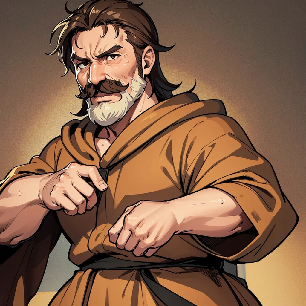 ((((Solo))))、Highest quality, Best Quality,Best illustrationiddle ages、(((Simple brown robe)))、(40-year-old uncle、mature、Kaiser moustache)、(rage、Sweat)、fight