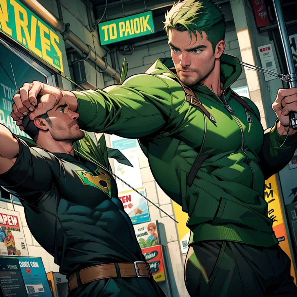 a  muscular mature man , hero withdark green  suit ((DC Comics)) , stephen amell as green arrow aiming with his bow and arrows towards his targets , hunk and handsome in action
