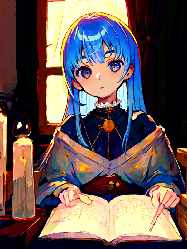 Medieval painting style，First place girl，Blue Hair，pupil，posture，Light novel style
