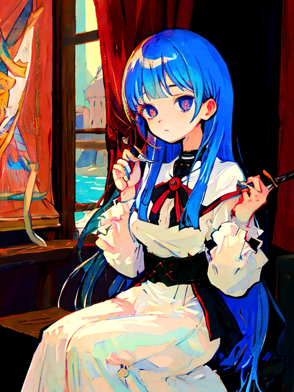 Medieval painting style,First place girl,Blue Hair,pupil,posture,Light novel style