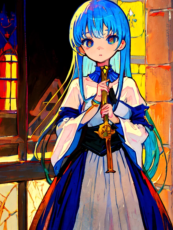 Medieval painting style,First place girl,Blue Hair,pupil,posture,Light novel style