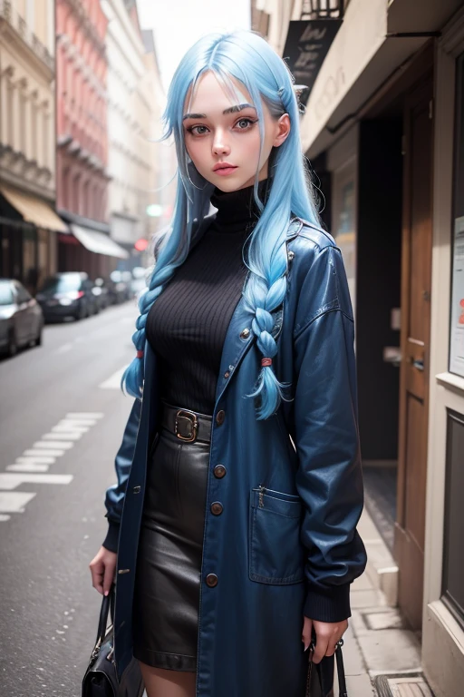 21 years old European girl. She is trendy. With long blue hair. She looks famous.