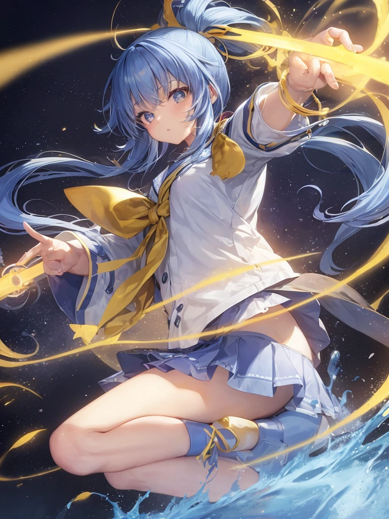 1Baby, anime girl, short girl, twins tail long hair style, blue hair with yellow combination, japanese highschool outfit, short skirt, blue eyes, aho ge, yellow ribbon each side of hair, stary eye, glowing eyes, proportional body, proporsional fingers, 4fingers