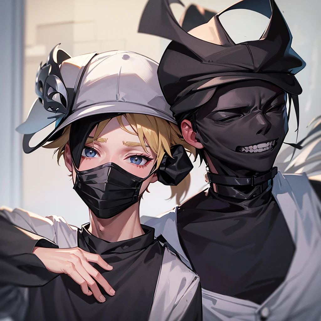 Boy with a black mask that does not disappear from his face and with a cap on his head