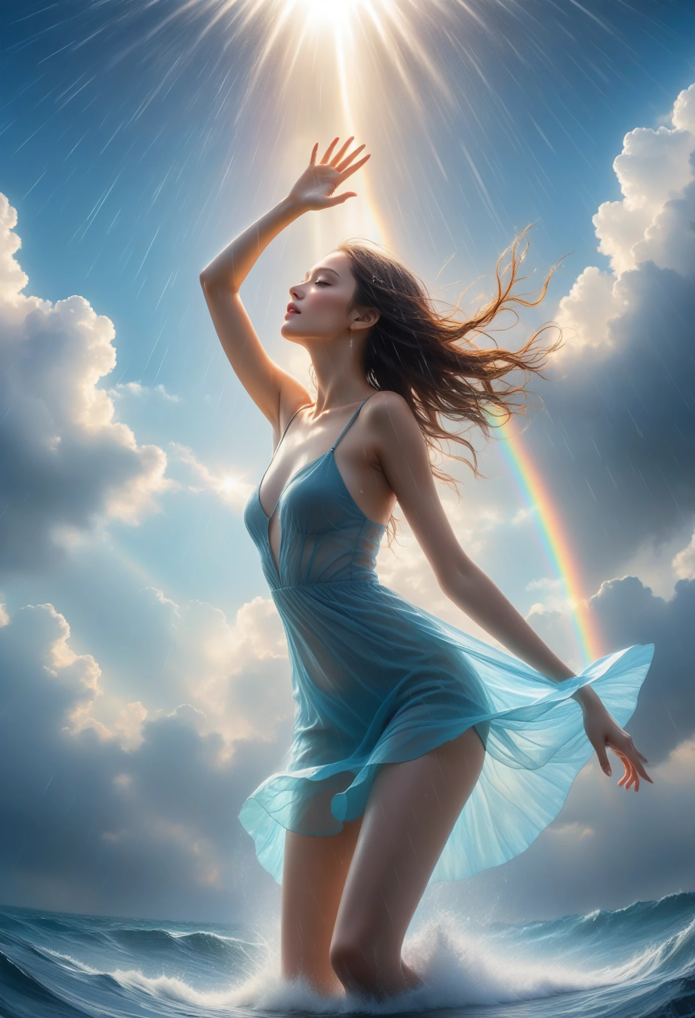 Fraction_9, Fraction_8_up, Fraction_7_Direction_6_Direction_5_Direction_4_up, 2.5D, Extremely detailed, Beautifully, Gorgeous and dynamic depiction, Beautiful woman，Have a great time, Just like the scene in, Rainbow-like rain pours down, Water splash, The sun shines through the gaps in the clouds, Glittering effect