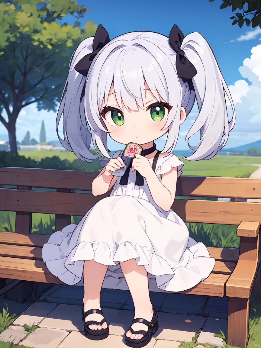 Silver Hair、Twin tails、girl、Green Eyes、Confused eyes、Chibi character、One person、White dress、Tree Eyes、No background