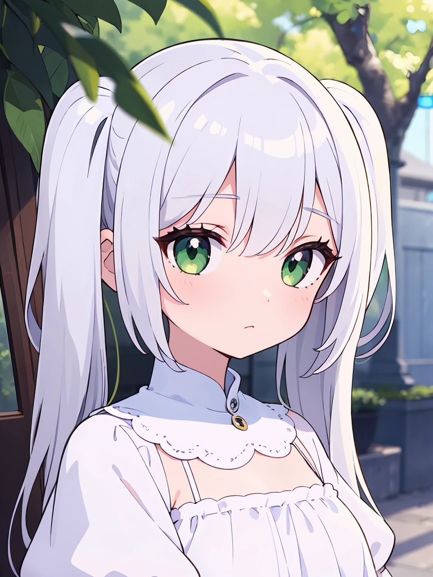 Silver Hair、Twin tails、girl、Green Eyes、Confused eyes、Chibi character、One person、White dress、Tree Eyes、No background