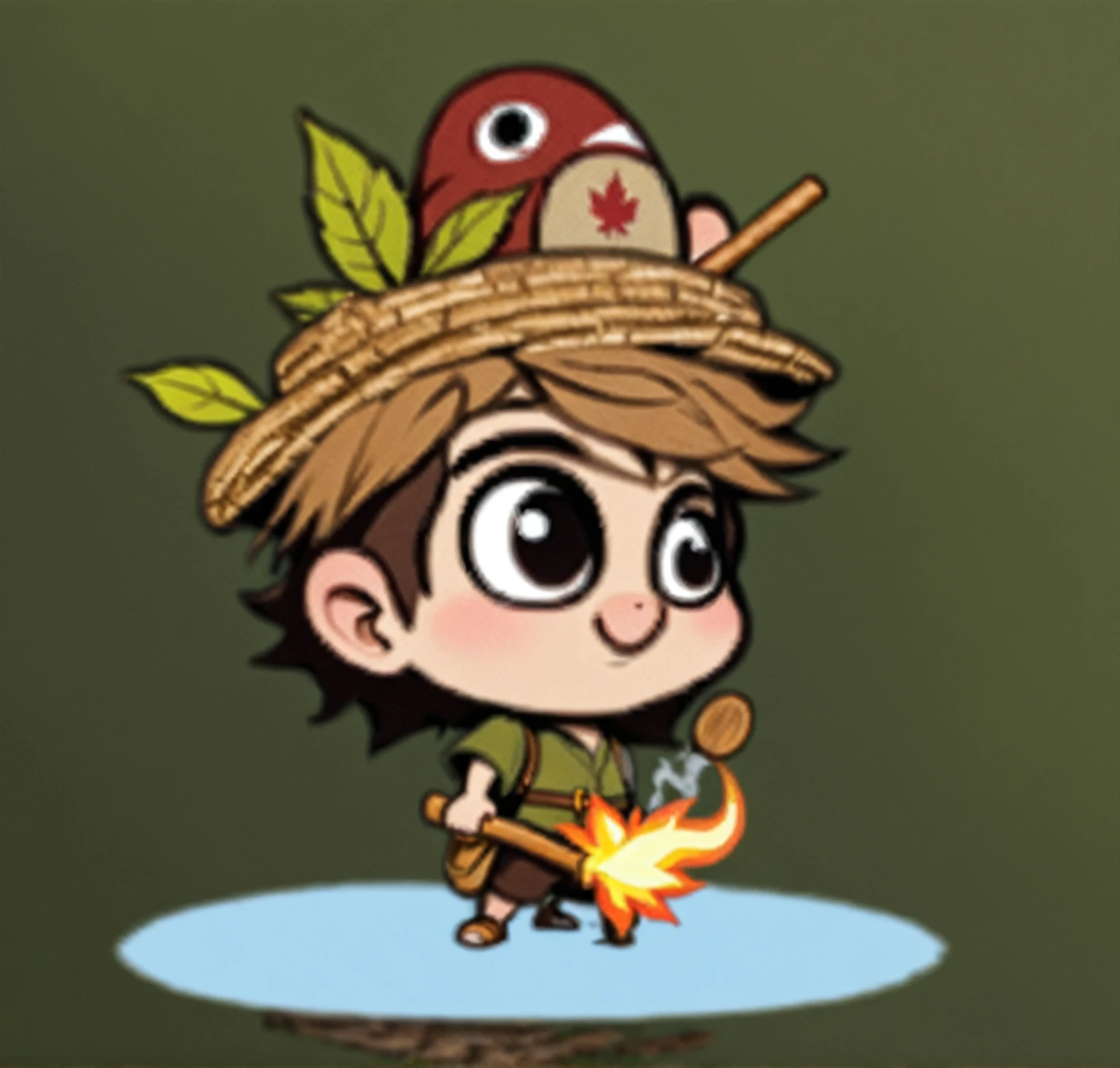 Cartoon of boy with straw hat on his head, With a wooden stick in his hand, Red Cliff, style of Maple Valley, Bob, Maple Valley, Nature Druid, Adventure Island, Maple Valley indiana jones, Adventure Island mouse, Dwarf druids, character art of Maple Valley, Platformer, very cute, very stylized, boy scout, Characters based on Haggis