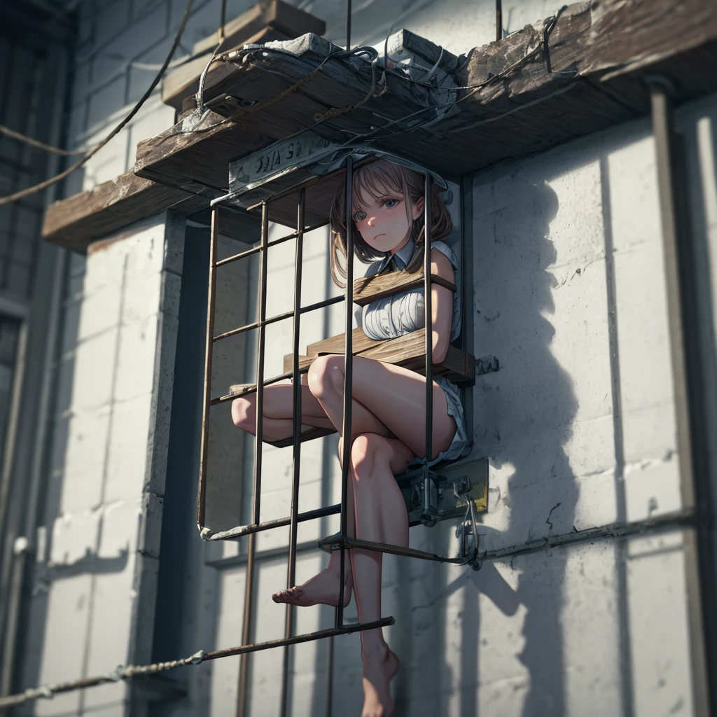 In the depths of the prison, a woman sits in her cell, her arms bound and her legs folded in an M-shape. The cold, damp walls seem to mock her, a constant reminder of her captivity. She longs for , but for now, all she can do is sit and wait, her mind consumed with thoughts of escape.