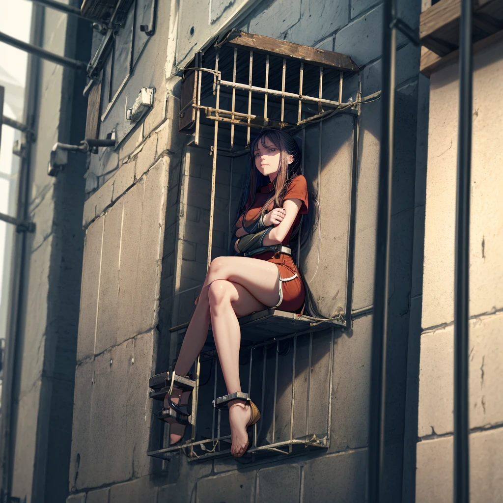 In the depths of the prison, a woman sits in her cell, her arms bound and her legs folded in an M-shape. The cold, damp walls seem to mock her, a constant reminder of her captivity. She longs for , but for now, all she can do is sit and wait, her mind consumed with thoughts of escape.