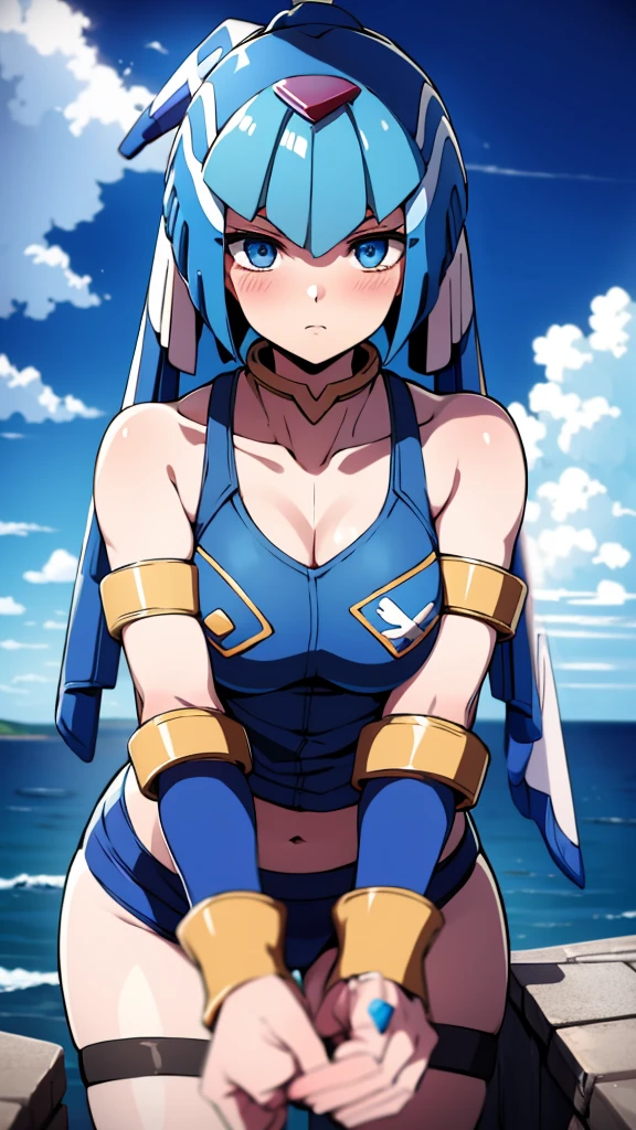 Leviathan_Megamanz, 1 Girl ,Looking at the viewer , blue hair, Blue eyes,Clouds background , Blushed , , Wedding ring, Glasses, Shingeki no Kyojin Clothes