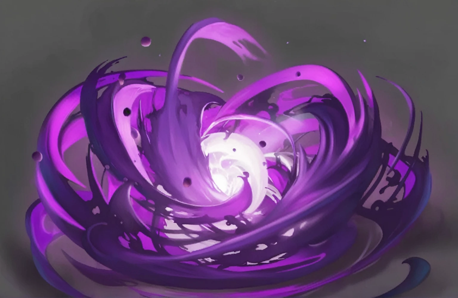 Purple and black swirling objects,There is white light in the middle, Plum blossom petals swirl, Ink Art, Concept Art Magic Highlights, Made of liquid purple metal, Purple Tornado, Game concept art, splash aura in motion, in mysterious style, Purple Aura, Mana flows around, purple fire powers fire swirling, ethereal essence