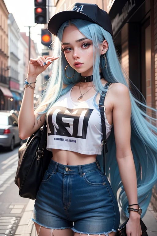 21 years old European girl. She is trendy. With long blue hair. She looks famous like a rapper.